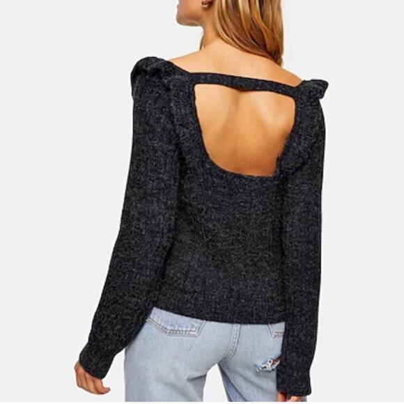 Topshop Cable Knit Open Back Ruffle Square Neck Long Sleeve Gray Sweater - Picture 2 of 8